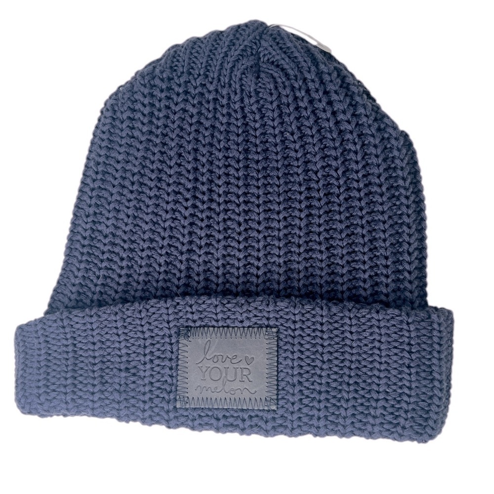 Love Your Melon navy blue leather patch knit winter beanie new